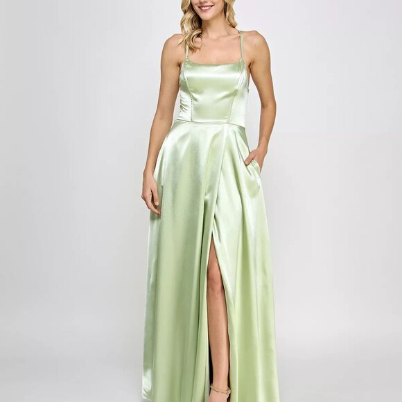 Speechless Juniors' Lace-Up-Back Satin Gown Pistachio - Picture 2 of 10